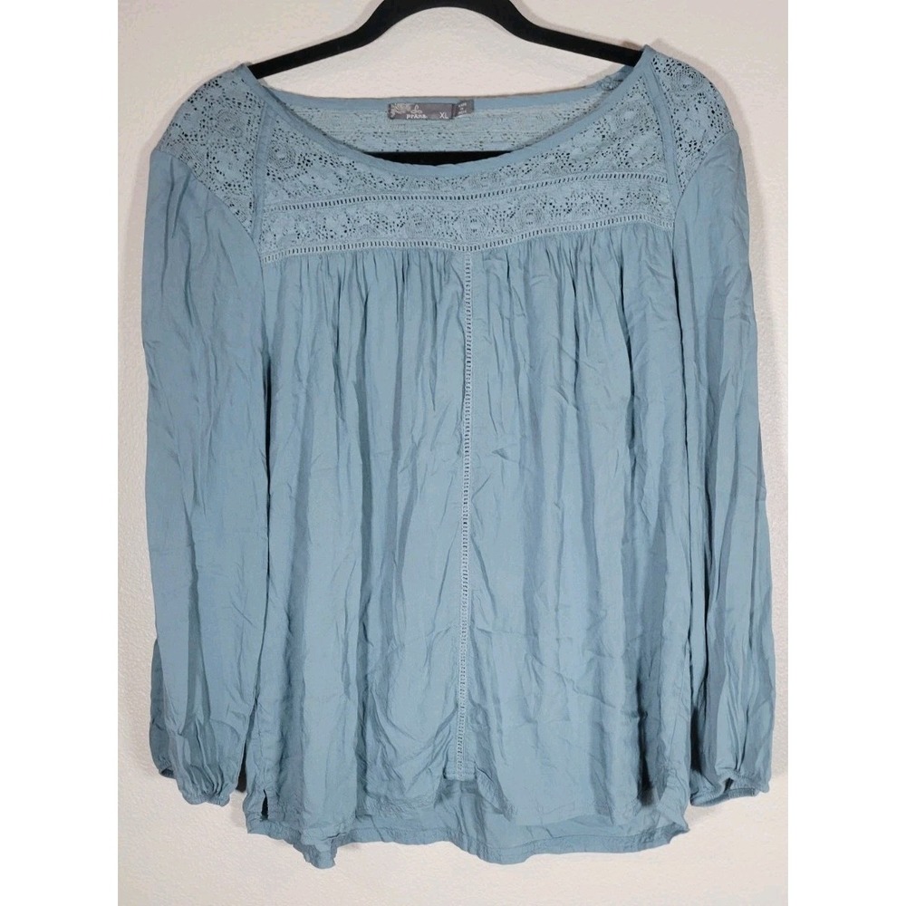 prAna prAna Blue Lace Yoke Boho Peasant Blouse Long Sleeve Size XL